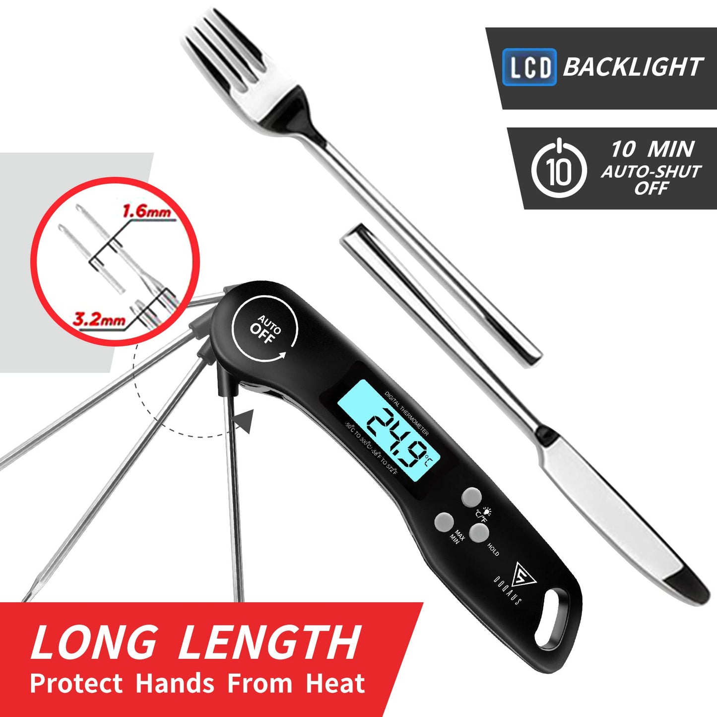 DOQAUS Digital Meat Thermometer, Instant Read Food Thermometer with Backlight LCD Screen, Foldable Long Probe & Auto On/Off, Perfect for Kitchen, BBQ, Water,Meat, Milk, Cooking Food (Black) Black