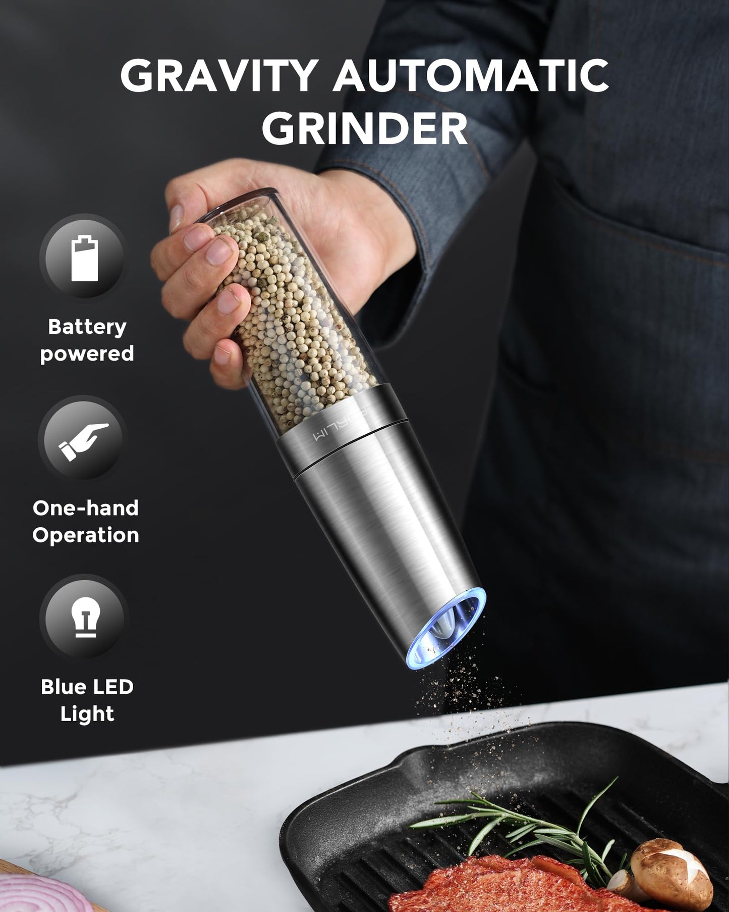 FORLIM Electric Salt and Pepper Grinder Set, 9 oz Capacity, 2024 Updated 4 AAA Battery-Operated One-Hand Automatic Gravity, Adjustable Coarseness, with LED Light, Pack of 2, Stainless Steel (Silver) Silver