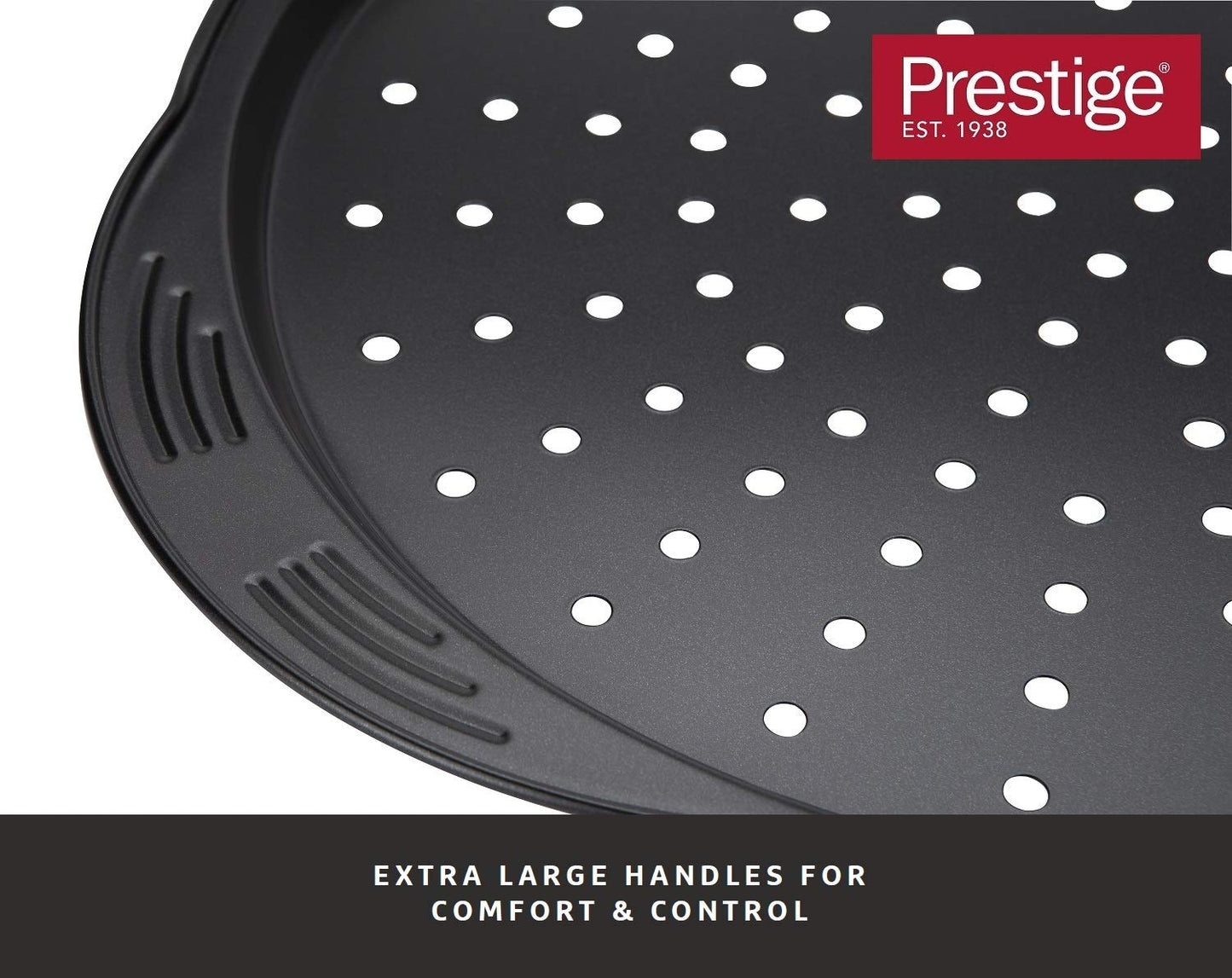 Prestige Non Stick Pizza Tray 12 inch - Aerolift Pizza Pan, Durable Carbon Steel with Extra Large Handles & Cushion Base, Pizza Oven Tray, 31 x 31 x 2 cm 12" Pizza Crisper