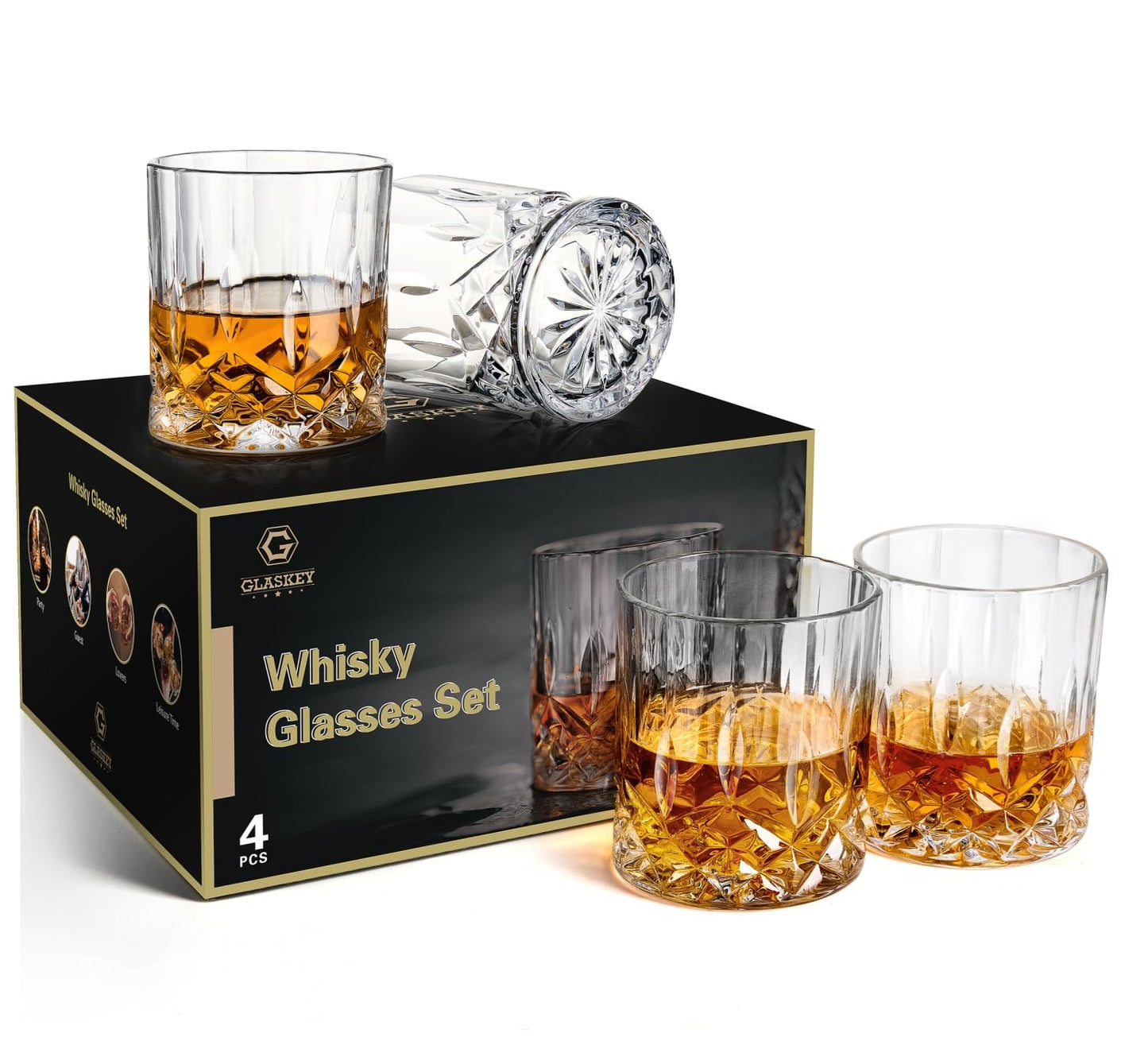 GLASKEY Whiskey Glasses Set of 4,315ml Lead-Free Crystal Whiskey Tumbler,Dishwasher Safe Rocks Glass Rum Cocktail Drinkware,Personalised Whisky Glass Gift Set for Men, Dad, Brother 315ml