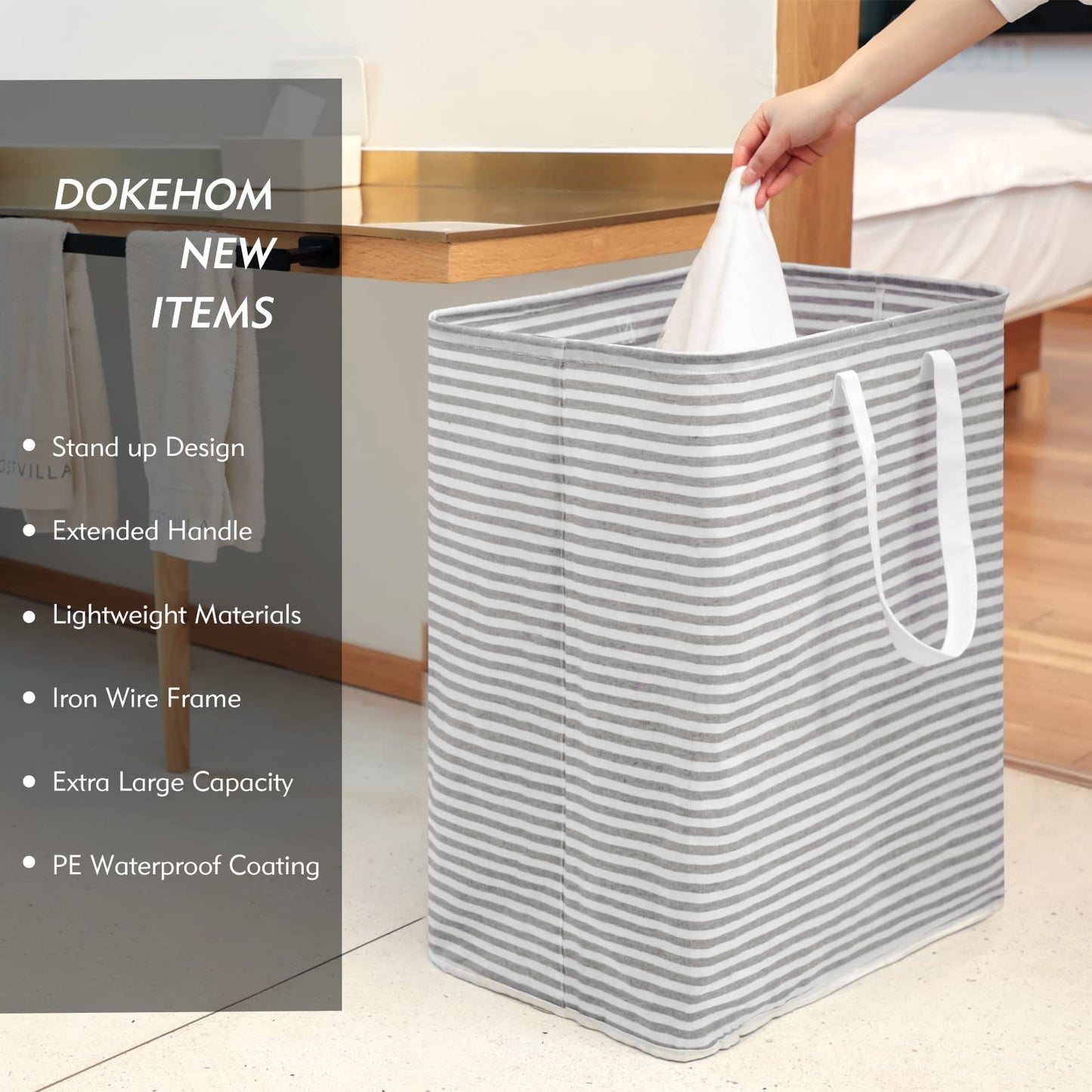 DOKEHOM 120L [2 Pack] Freestanding Laundry Hamper with Handle, Collapsible Extra Large Cotton Storage Basket for Clothes (Grey) Grey 2x120L