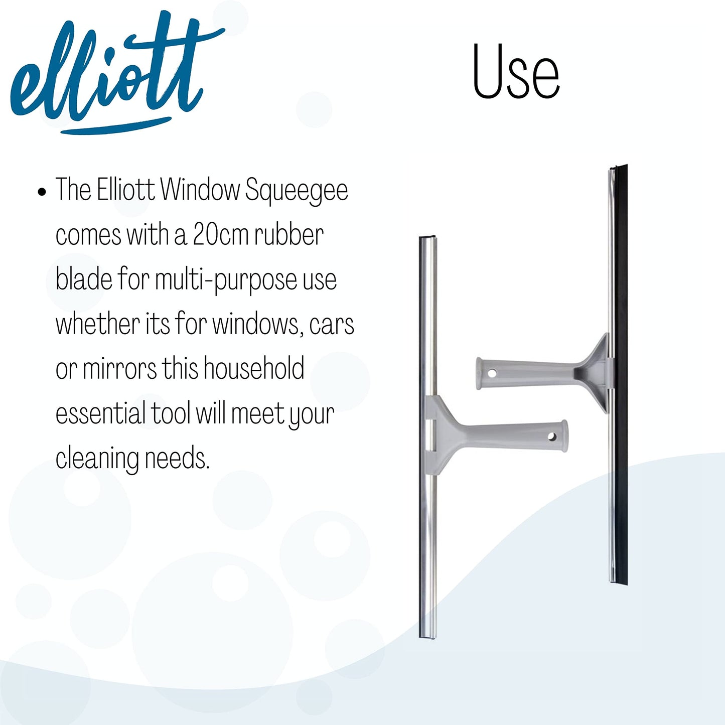 Elliott Multi-Purpose Window Squeegee perfect for streak free cleaning on Windows, shower screens, cars and mirrors, Aluminium frame housing a 20cm rubber squeegee with an ergonomic Grey Handle.