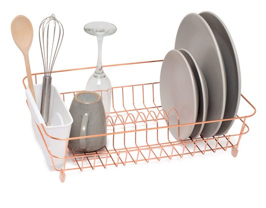 simplywire - Dish Drainer - Anti Rust Drying Rack – White Cutlery Basket - Copper Chrome Plated steel