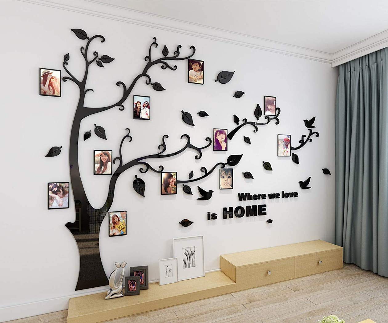 Tree Wall Stickers 3D DIY Tree Wall Decal Art Murals Large Family Photo Frames Tree Decoration for Living Room Bedroom Restaurant Home Decor M: 150*210CM 1 Black Right