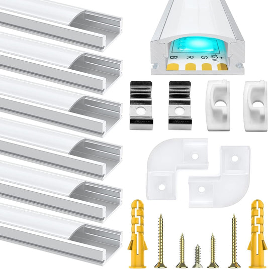 6 Pack Led Aluminum Profile, 1Meter/3.3ft U-Shape Led Aluminum Channel, Led Profile with Milky White Cover. LED Channels and LED Diffusers with End Caps, Mounting Clips and Corner Connectors 6Pcs-U-Shape