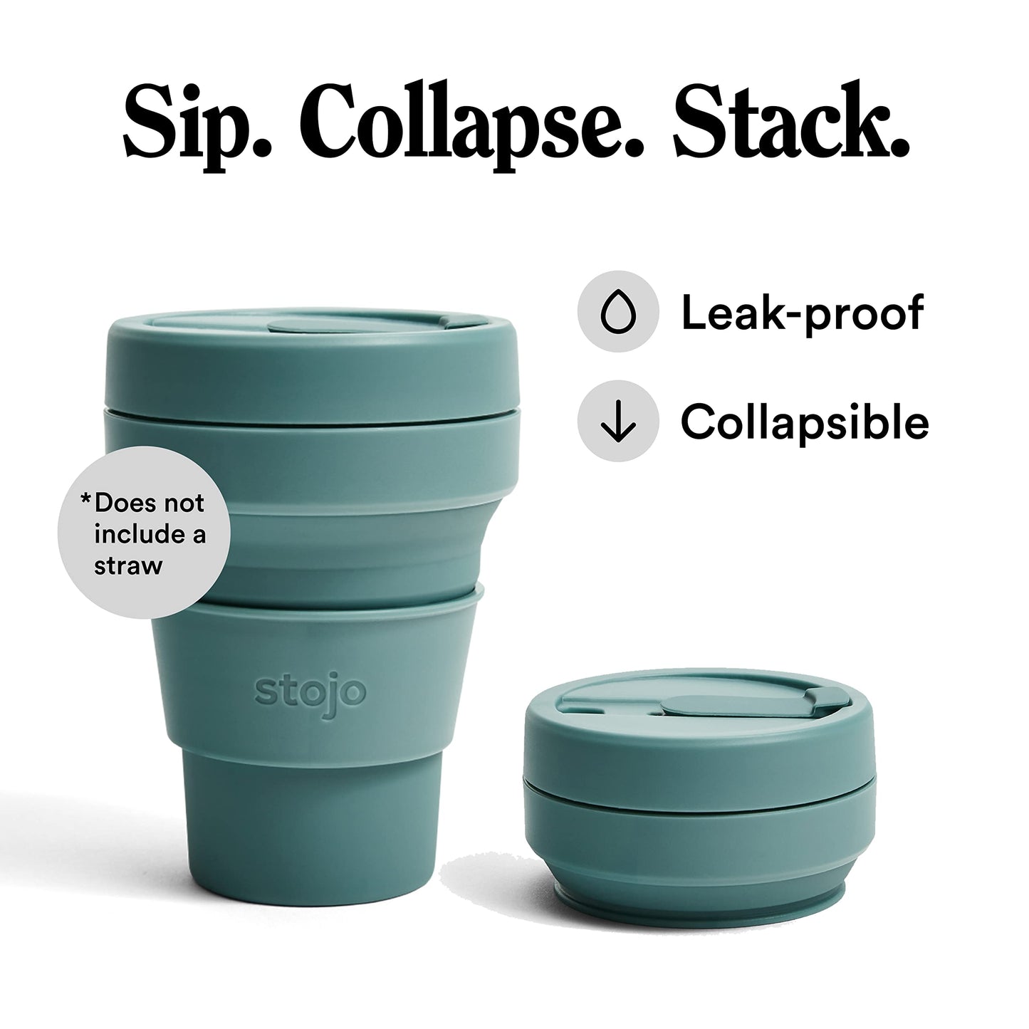 STOJO On-The-Go Collapsible Coffee Cup with Lid - 12oz / 355ml - Reusable & Foldable Silicone Travel Mug - Portable, Pocket Size - Dishwasher Safe - Eucalyptus