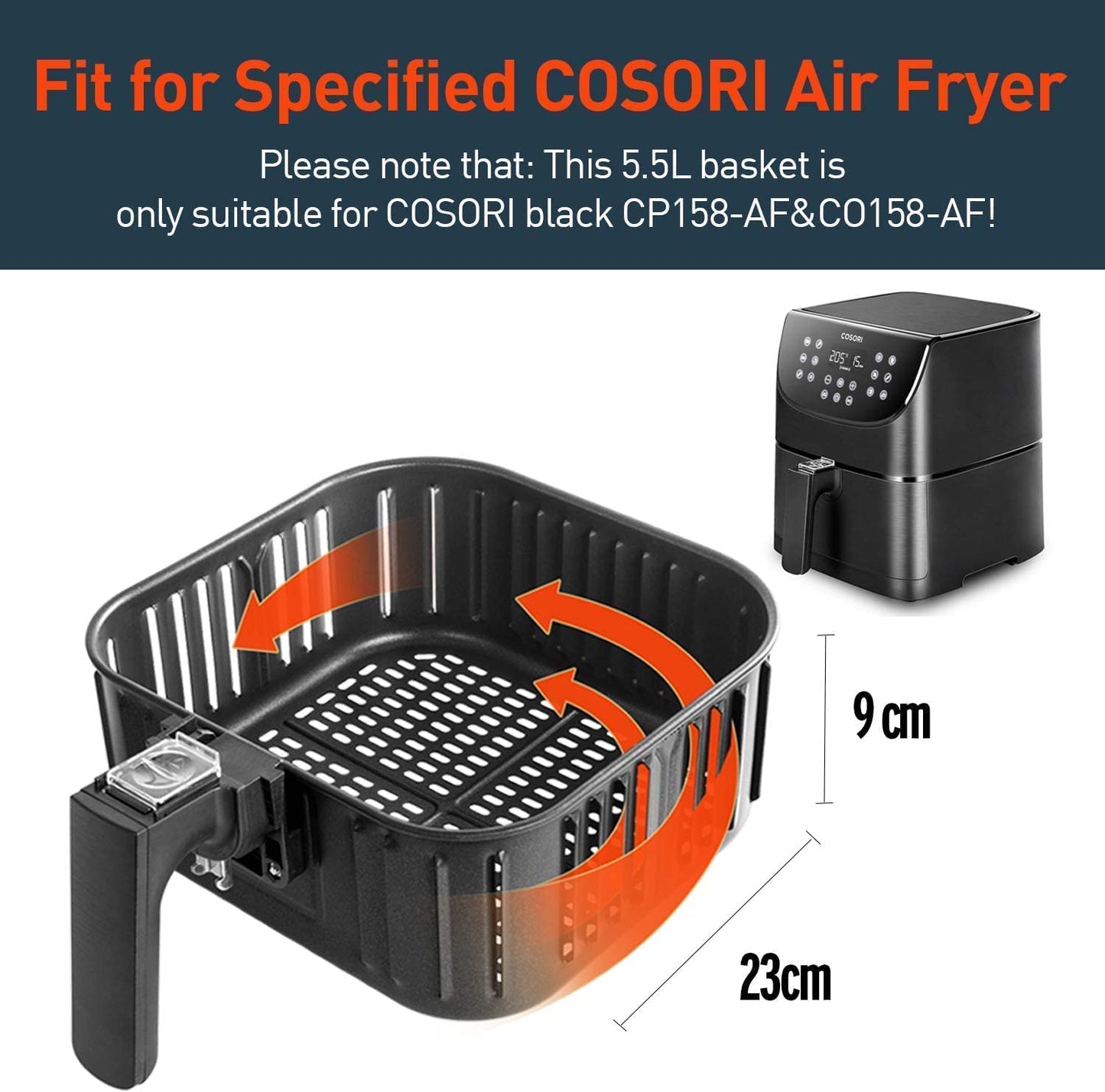 COSORI Replacement 5.5L Black CP158-AF, CS158 & CO158 Air Fryers, Non-Stick Fry Basket, Dishwasher Safe, C158-FB