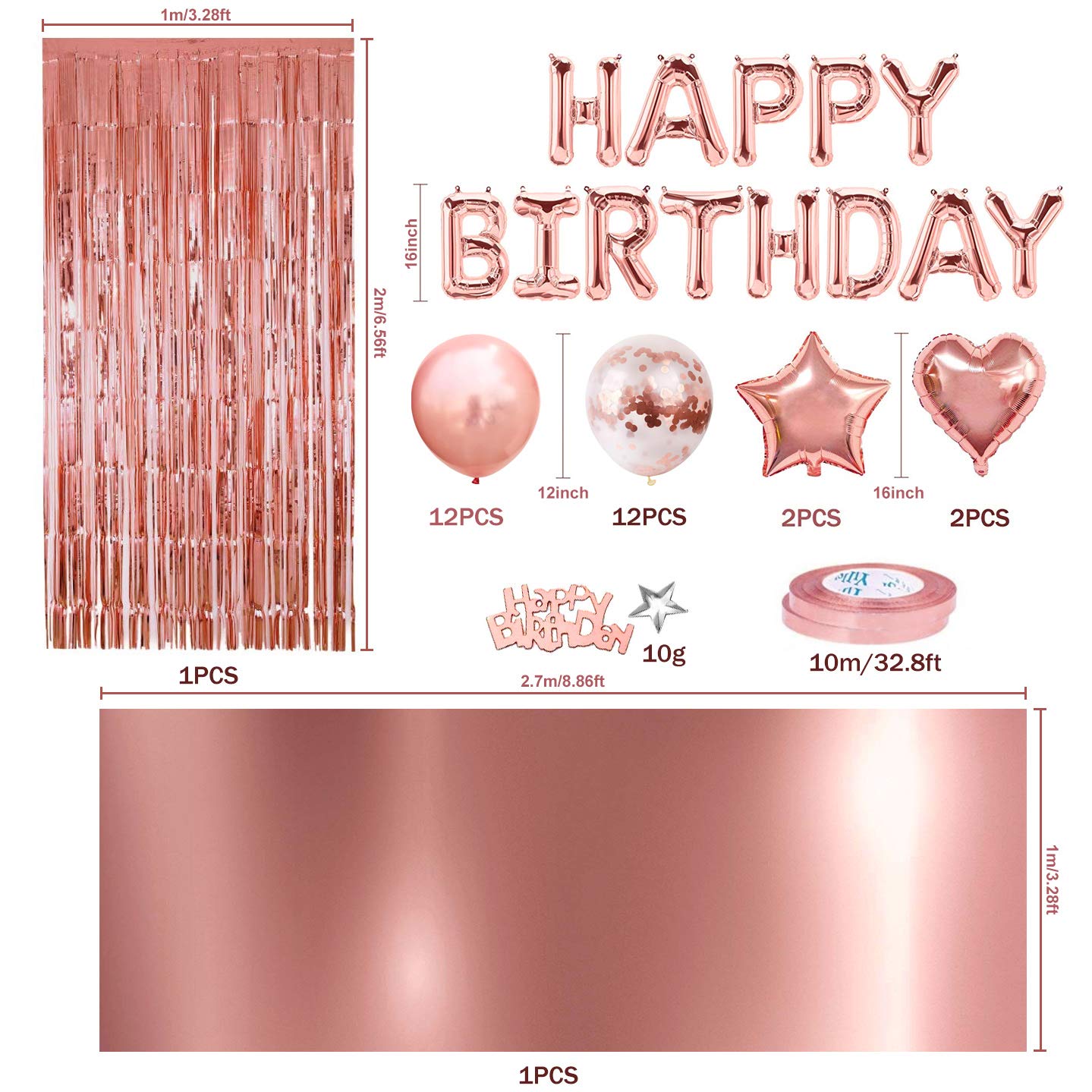 iZoeL Rose Gold Birthday Party Decoration for Girls Women Happy Birthday Banner, Rose Gold Fringe Curtain Foil Tablecloth, Heart Star Confetti Balloons and 10g Table Confetti Pink