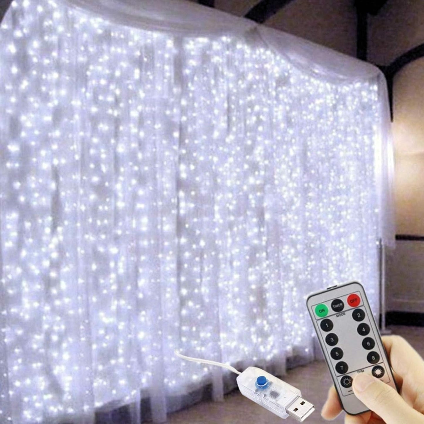 300 LED Curtain Lights, USB Plug in Window Lights, 3m x 3m 8 Modes Remote Control Fairy Light Waterproof LED Copper String Lights for Outdoor Indoor Wedding Party Garden Bedroom Decoration, Cool White