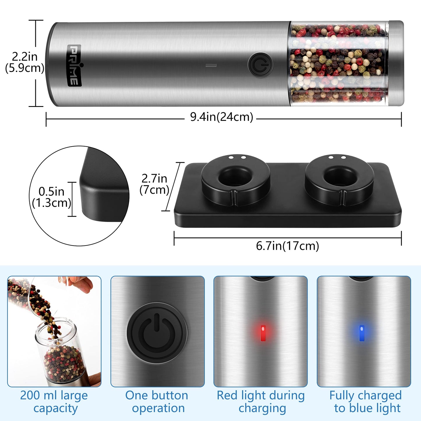 PRIME, Electric Salt and Pepper Grinder Set, 2 Mills, Rechargeable, with Charging Base, USB Cable, Power Adapter, Automatic Tact Switch Operation, Adjustable Coarseness, Stainless Steel (UK 2.2) Pack of 2