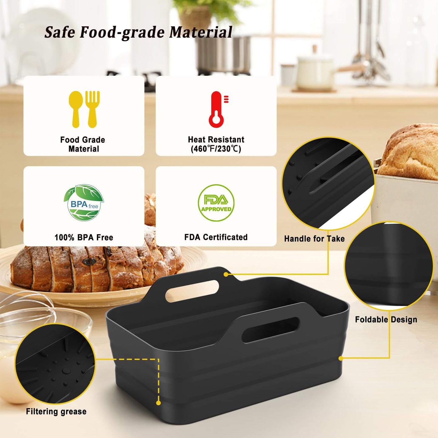 Tuuyee Foldable Silicone Liners for Ninja Dual AF400UK, AF451UK & Tower T17088, Large Silicone Liners for Ninja Dual Air Fryer Accessories (Black) Black