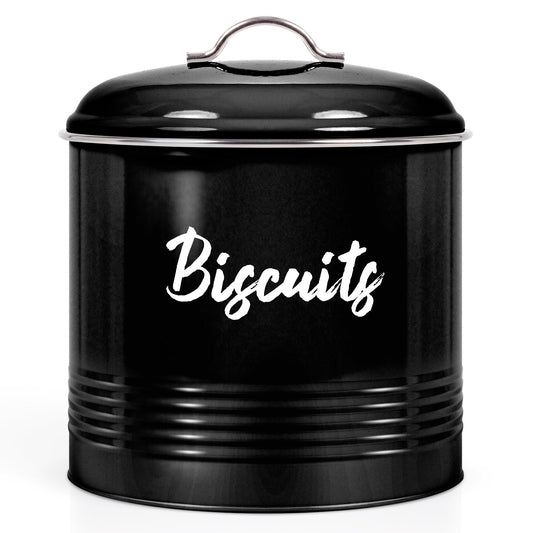 EHC Round Biscuit Cookie Tin Black, Kitchen Food Barrel Storage Box, Airtight Lids Easy to Open - Storage Tin for Biscuit, Cookies Jars, 3 Litres