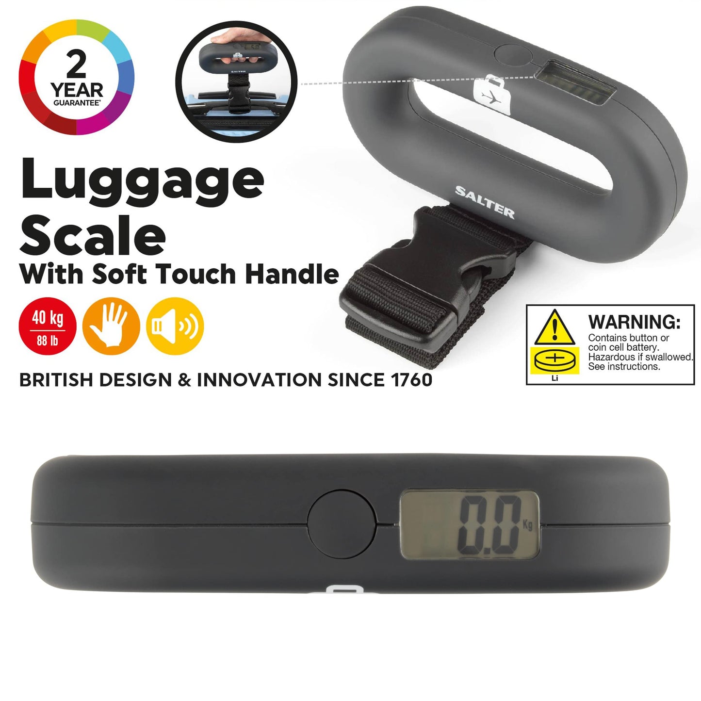 Salter 9500 BKDCTMEU16 Digital Luggage Scale - Portable Suitcase Weighing Scales, Easy Clip On Travel & Baggage/Bag Weight Scale, Max 88lbs/40kg, Battery Included, Soft Touch Handle, Lightweight Single