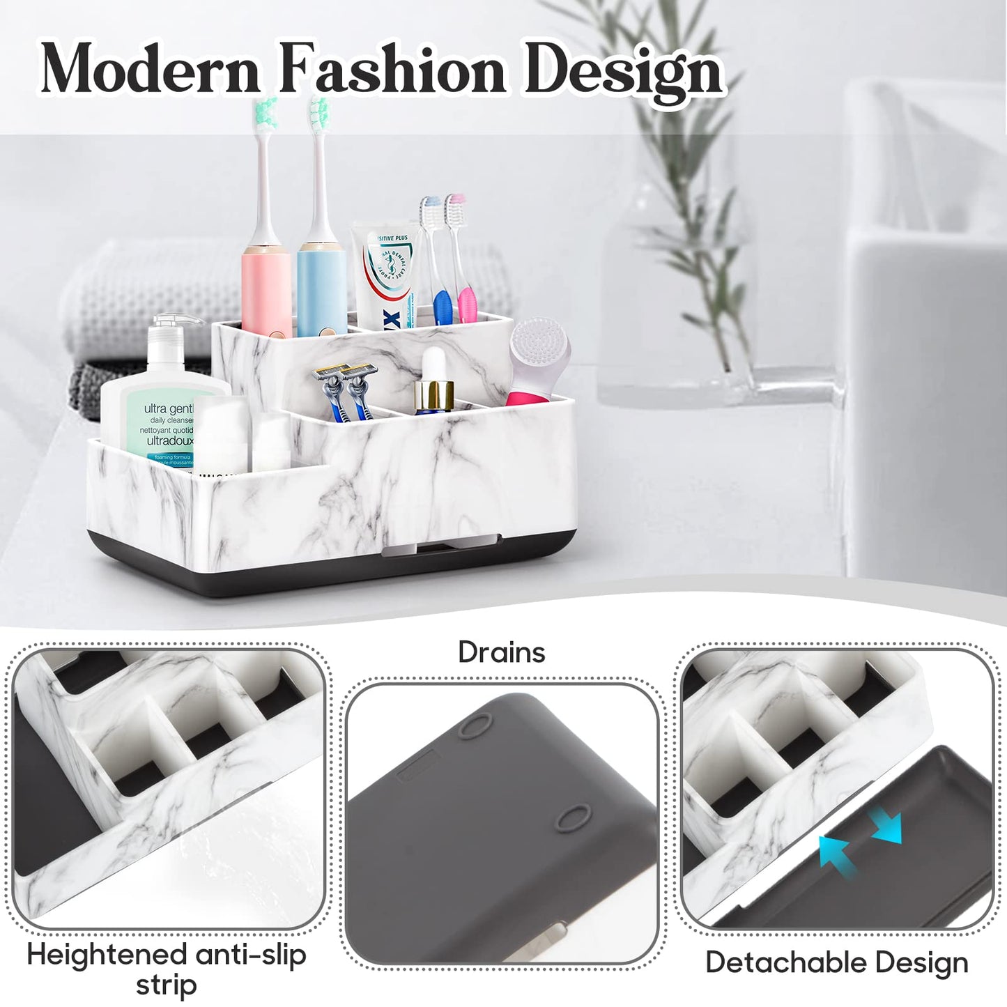 Toothbrush Holder,Bathroom Organizer Countertop, 5 Compartments Multifunctional Storage for Cosmetic, Makeup, Office Stationery Pencil,Toothpaste, Toothbrush for Home, Office White Marble