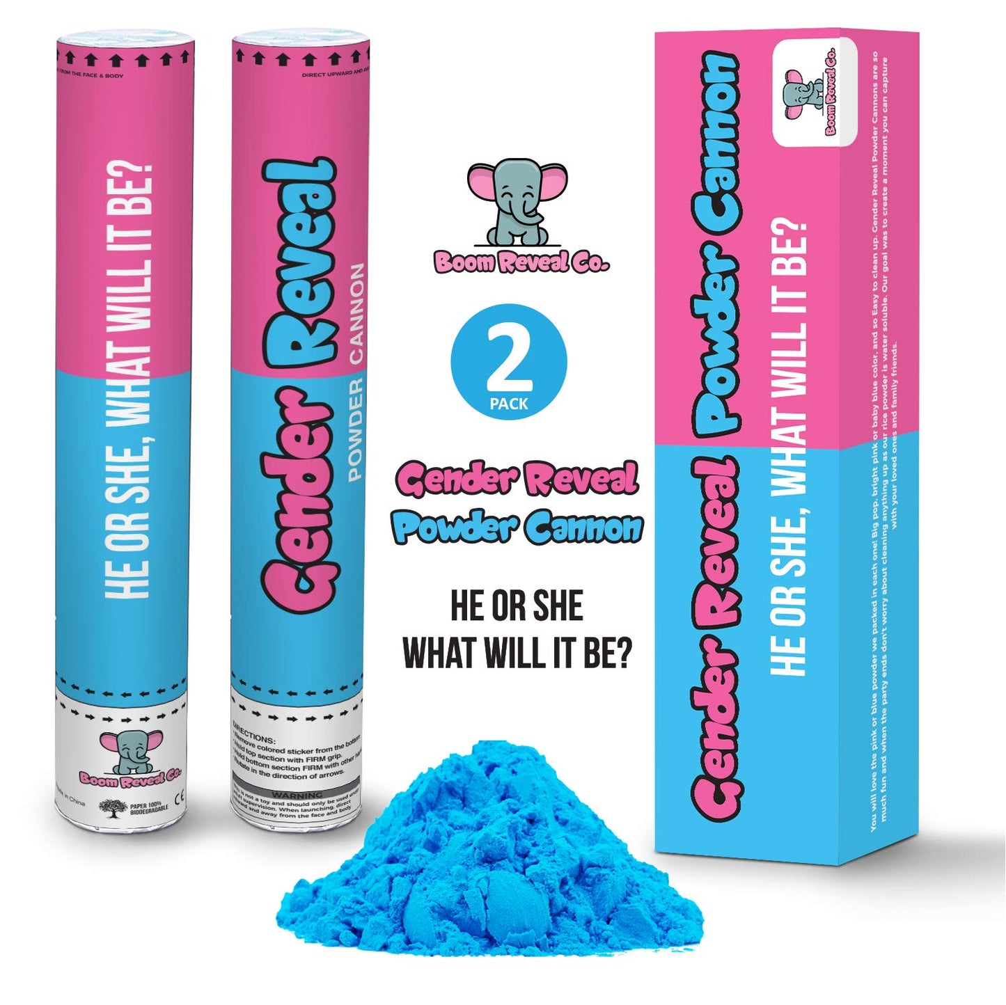 Boom Reveal Co. | Gender Reveal Powder Cannons, Pink OR Blue Set of 2 (12 inch) Gift Ready, Party Popper, Baby Shower Announcement Boy or Girl Decorations