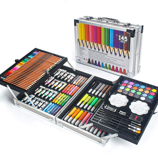 MIAOKE 145 Piece Art Set, Deluxe Mega Aluminum Box & Drawing Kit with Colored Pencils, Markers, Watercolor Paints, Crayons, HB Pencils, Watercolor Cake, Brush, 18-Sheet Sketch pad 145 Pieces