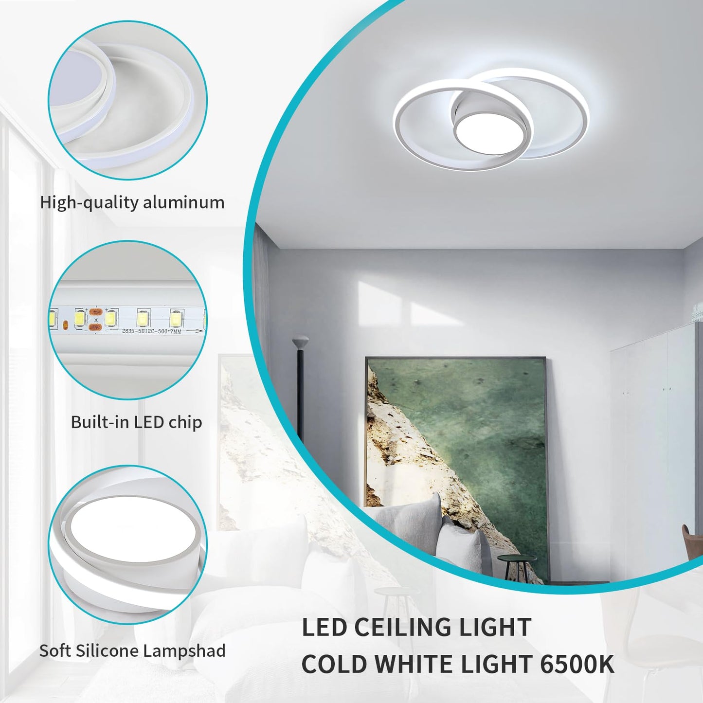 Comely LED Ceiling Lights, 42W 4800LM Lighting Fixture, Dia 40cm Round Modern Design Ceiling Lighting for Hallway Balcony Bedroom Corridor, Cold White 6500K Cold White Light 6500k