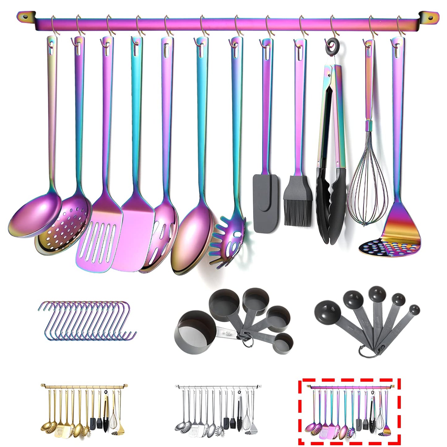 Rainbow Cooking Utensils Set,Kyraton Stainless Steel 37 Pieces Kitchen Utensils Set with Titanium Colorful Plating,Kitchen Gadgets Cookware, Kitchen Tool Set with Utensil Holder, Dishwasher Safe 3.37 Piece Rainbow Set