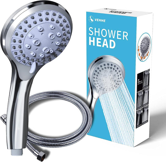 VEHHE Shower Head Powerful Flow with 1.5m Chrome Hose Pressure Boosting Shower Head Spray with 5 Modes Water Saving Bathing for Adults Children Pets Home and Gym Use Silver Shower Head and Hose