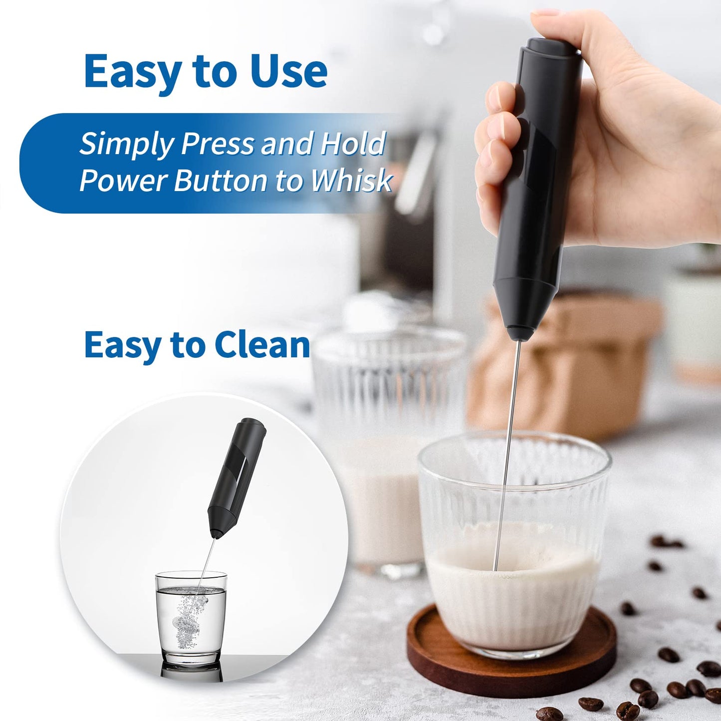 LUUKMONDE Milk Frother Electric Whisk, Battery Power Handheld Frother Whisk for Matcha Latte, Portable Mini Drink Mixer/Coffee Frother/Milk Foamer for Cappuccino, Frappe, Hot Chocolate (Black)