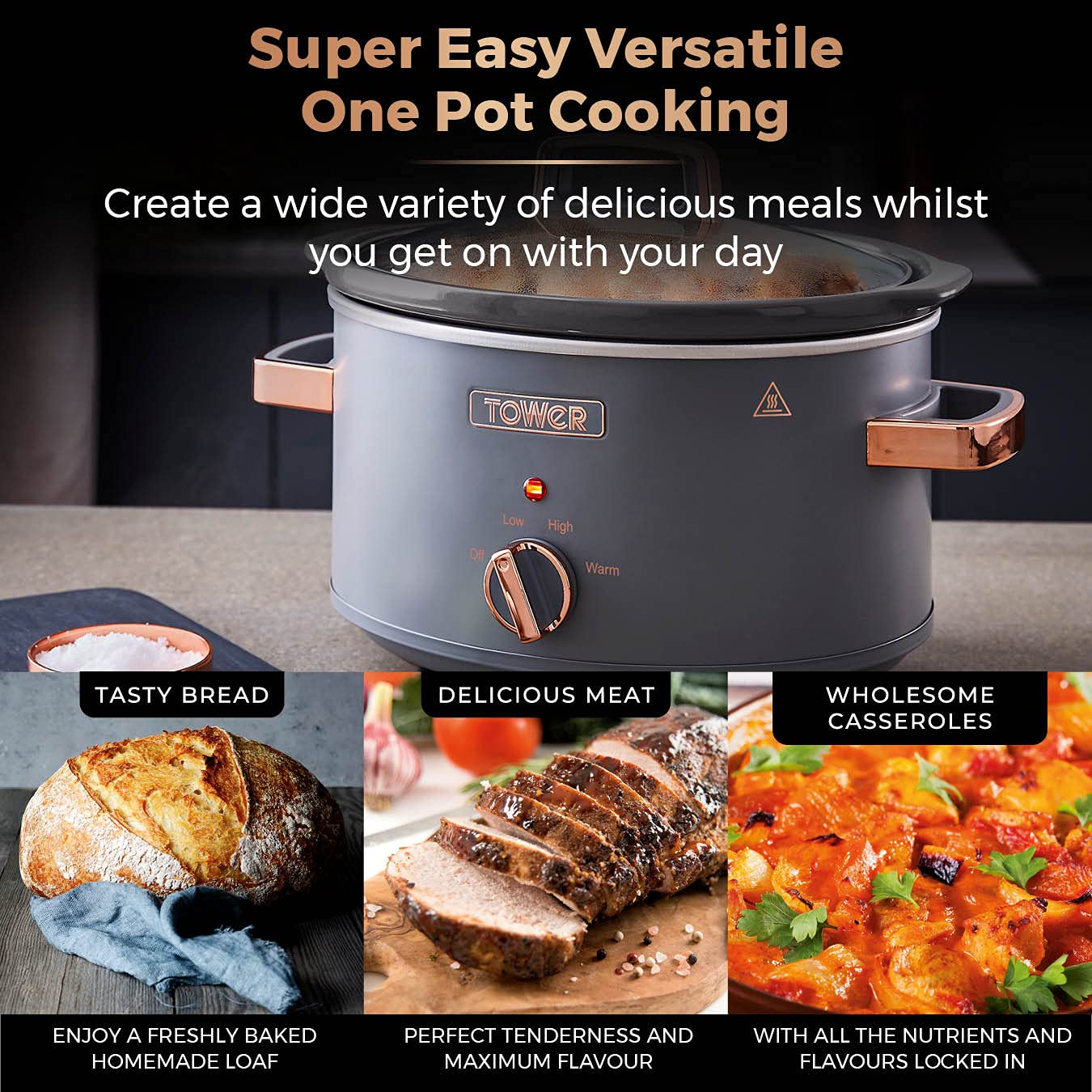 Tower T16042GRY Cavaletto 3,5 Litre Slow Cooker with 3 Heat Settings, Cool Touch Handles, 210W, Grey and Rose Gold 3.5L