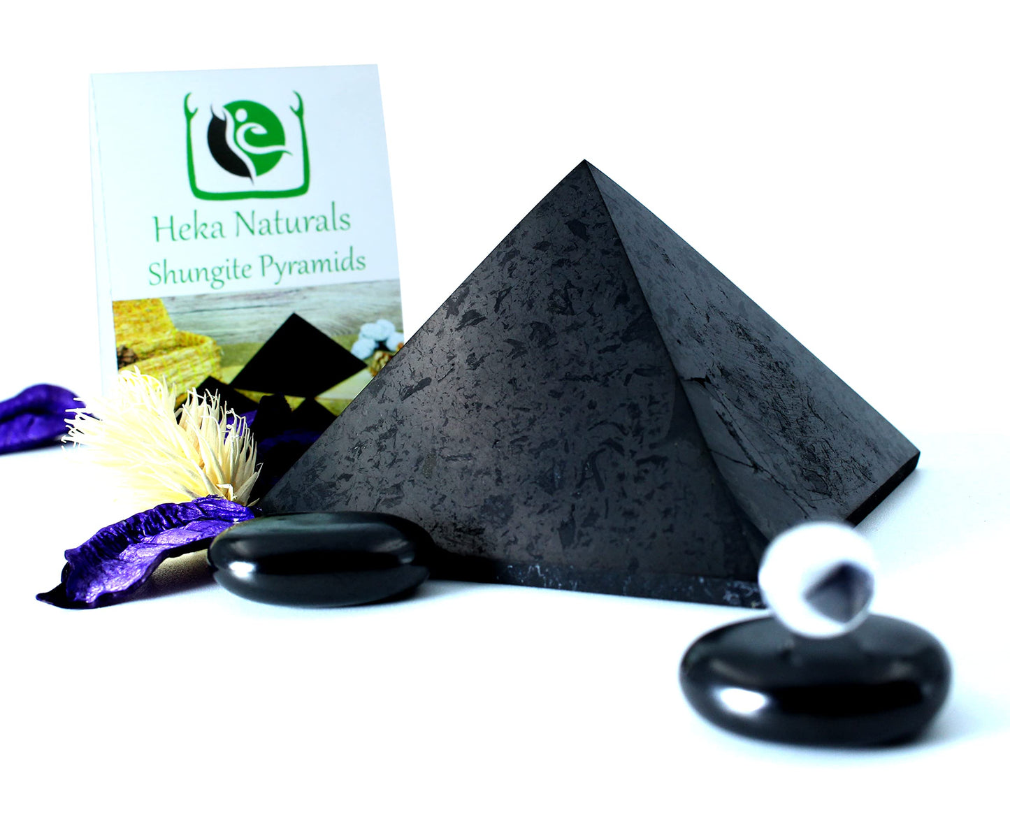 Heka Naturals Polished Shungite Pyramid Healing Crystals Gemstone | 8 cm - Home Decor Shungite Stone Crystal - Chakra Healing Meditation Pyramid for Negative Energy Protection