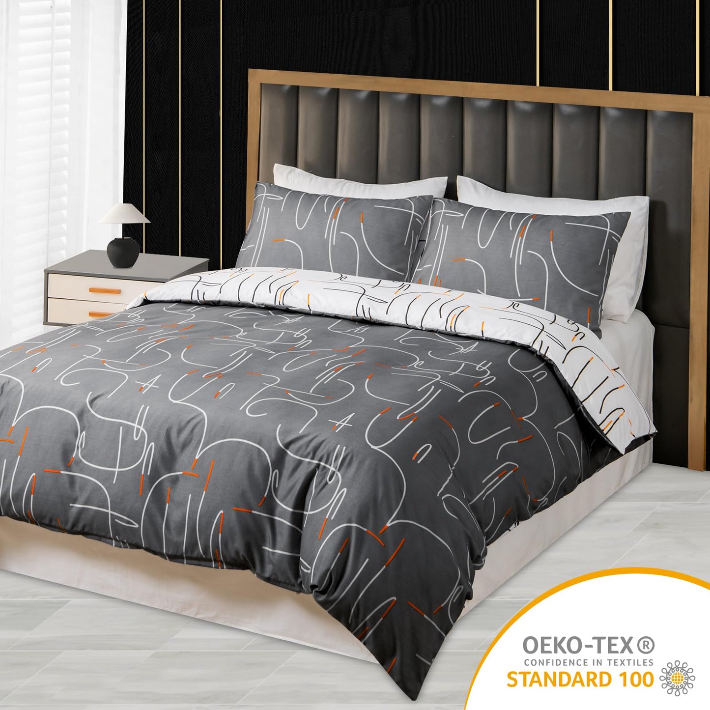 Pamposh Single Duvet Cover Set - Single Bedding Set Reversible - Single Quilt Cover Bed Set - Premium Microfiber Duvet Cover Sets With Pillowcase (Grey/White/Orange, Single (135 x 200 cm)) Grey / White / Orange Single (135 x 200 cm)