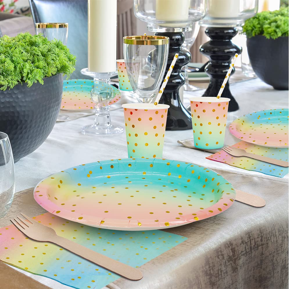 DN DENNOV 168PCS Pink and Gold-Pastel Party Supplies, Severs 24 Disposable Party Dinnerware Include Paper Party Plates, Cups, Napkins, Straw, Wooden Fork Spoon for Wedding Blue&pink&gold