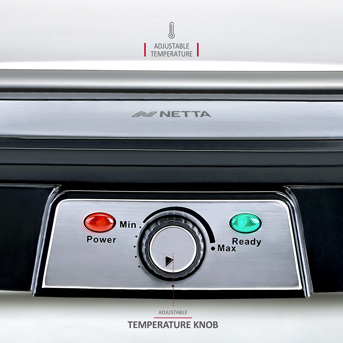 NETTA Panini Maker & Health Grill - Sandwich Toaster, Panini Press - 2 Slice Non-Stick Grill Plates – Built-In Fat Tray - 1500W - Stainless Steel – Easy to Clean