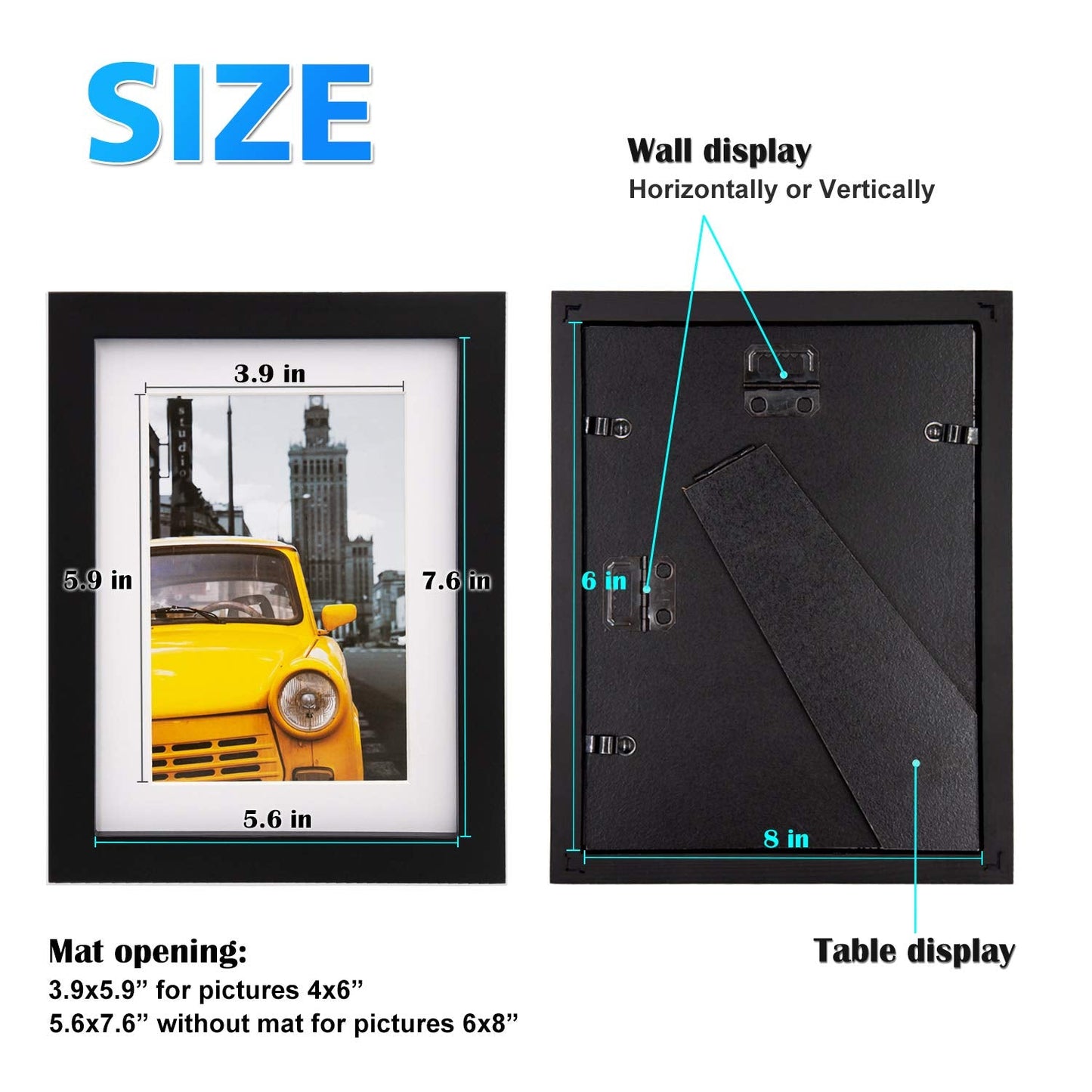 EGOFINE 8x6 Photo Frames Black Set of 4 - Made of Solid Wood for Table Top and Wall Mounting with 4x6 Mat