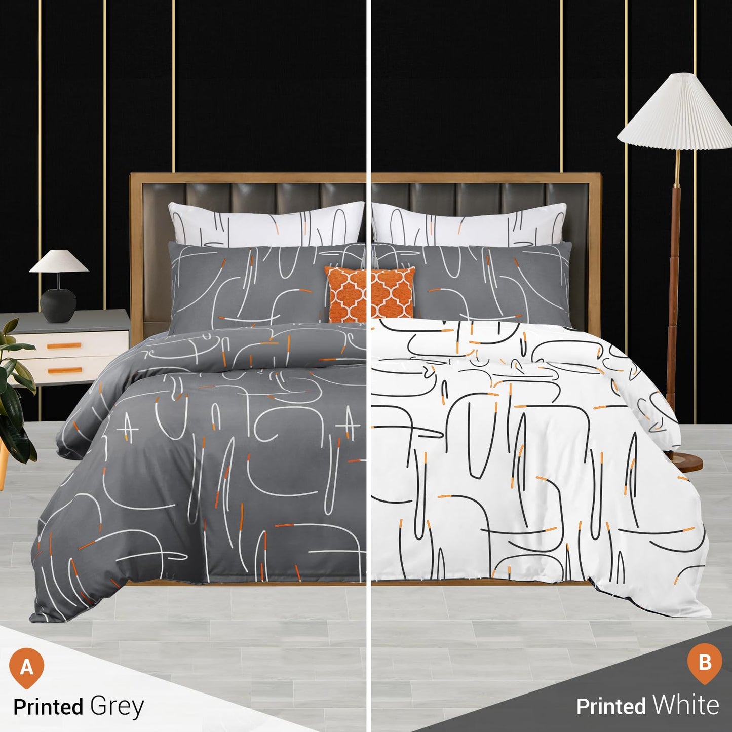 Pamposh Single Duvet Cover Set - Single Bedding Set Reversible - Single Quilt Cover Bed Set - Premium Microfiber Duvet Cover Sets With Pillowcase (Grey/White/Orange, Single (135 x 200 cm)) Grey / White / Orange Single (135 x 200 cm)