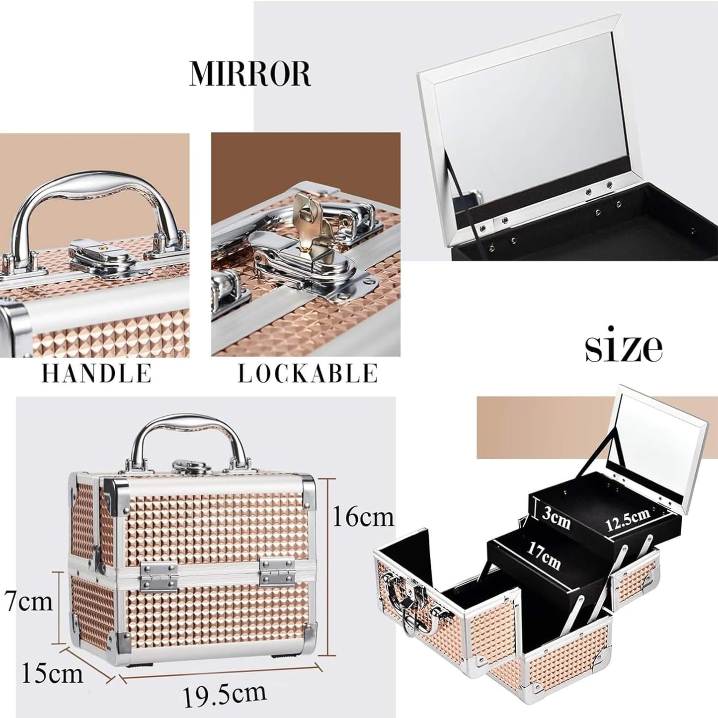 Joligrace Girls Makeup Box with Mirror Cosmetic Case Jewelry Organiser Light Weight Lockable with Keys, Size: 19.5x15x16cm (Rose Gold) Rose Gold