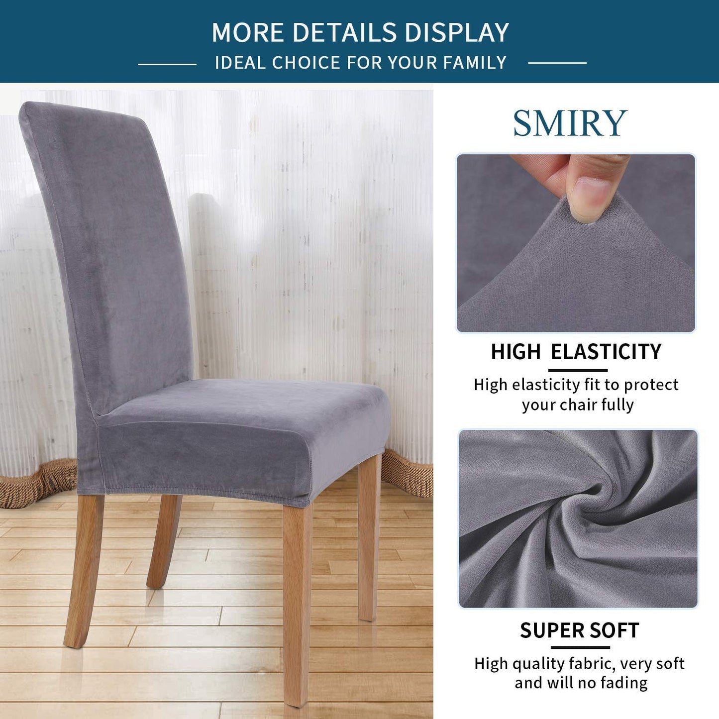 smiry Stretch Chair Covers for Dining Room, Silver Grey Set of 4 Velvet Dining Chair Slipcovers