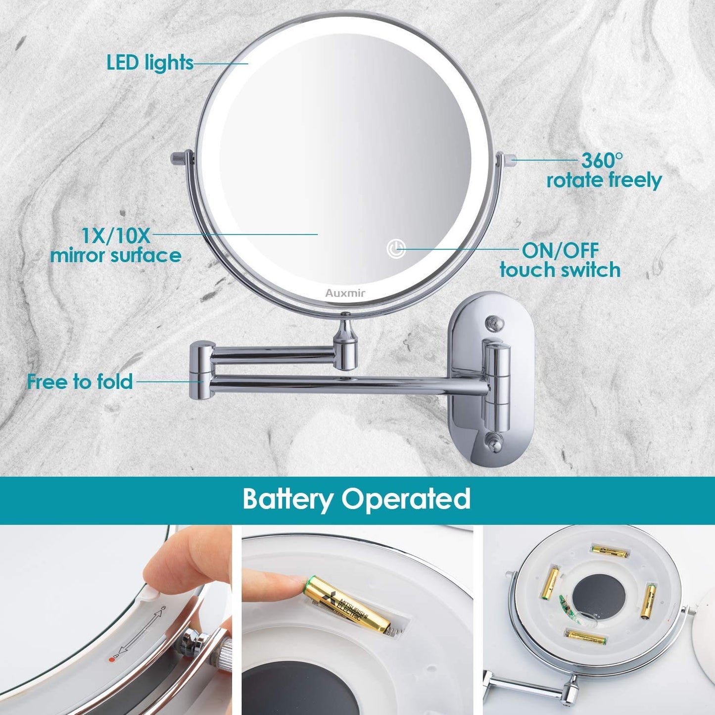 Auxmir 8'' Wall Mounted Mirror with 1X/10X Magnification, LED Magnifying Makeup Mirror with 3 Light Modes, 360 Swivel Double Sided Extendable Vanity Mirror, Touch Control & Auto OFF, 4 AAA Batteries 1X/10X-AAA Batteries