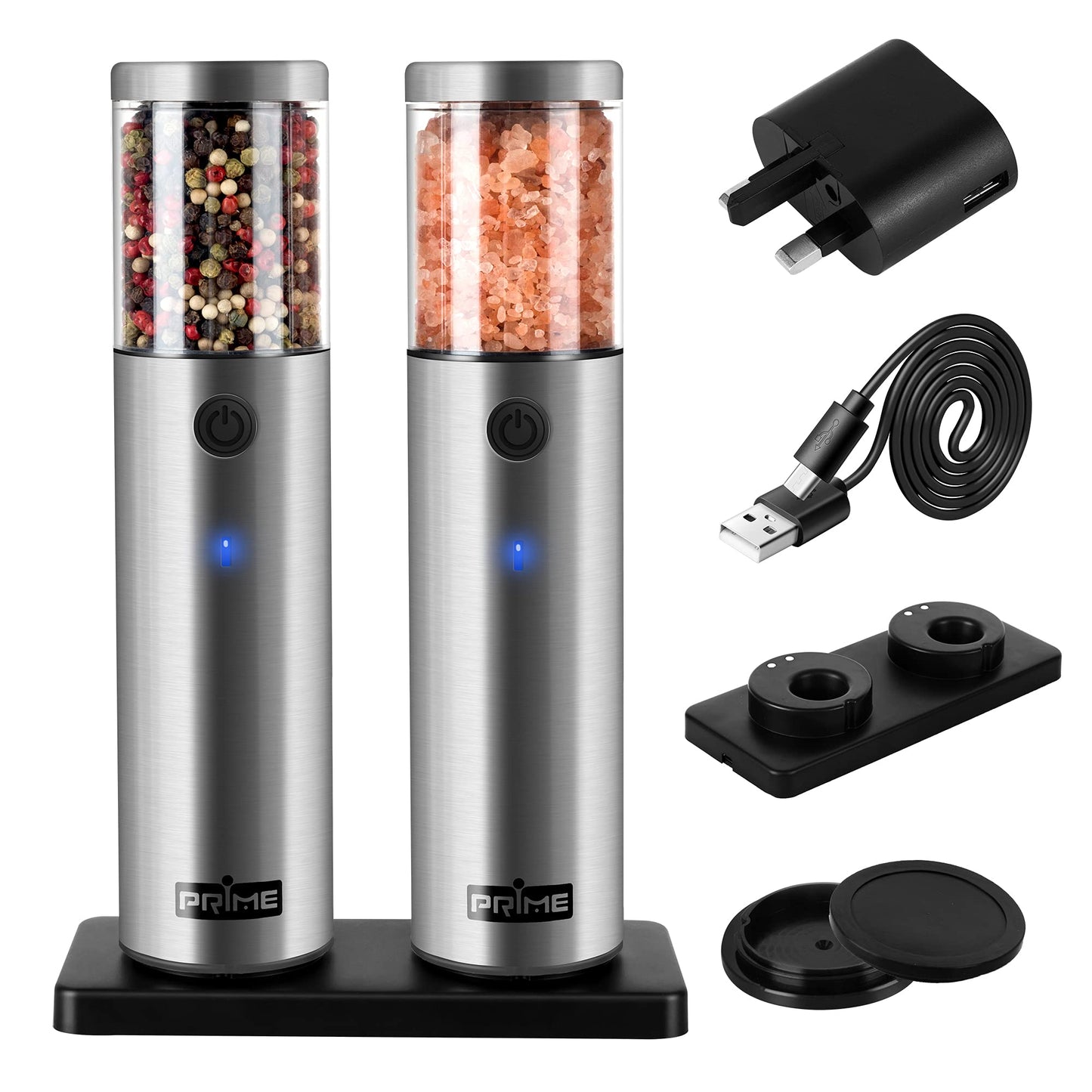 PRIME, Electric Salt and Pepper Grinder Set, 2 Mills, Rechargeable, with Charging Base, USB Cable, Power Adapter, Automatic Tact Switch Operation, Adjustable Coarseness, Stainless Steel (UK 2.2) Pack of 2