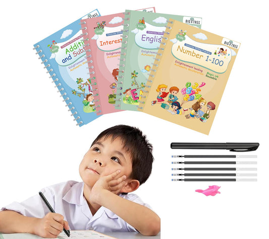 Magical Handwriting Workbooks Handwriting Practice Magic Copybook, Handwriting Aid Magic Pen Reusable Copybook Grooves Template Design for Children (4books+Pens) 4books+Pens