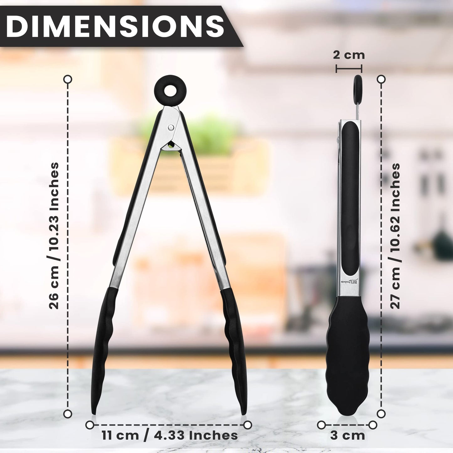 Kitchen Silicone Tongs 9 Inches | Stainless Steel Handle with Easy Grip and Smart Padlock System | Curved Silicone Tip for Strong Grip | Handy Tong for BBQ, Serving, Frying, and Cookin (Black). Black