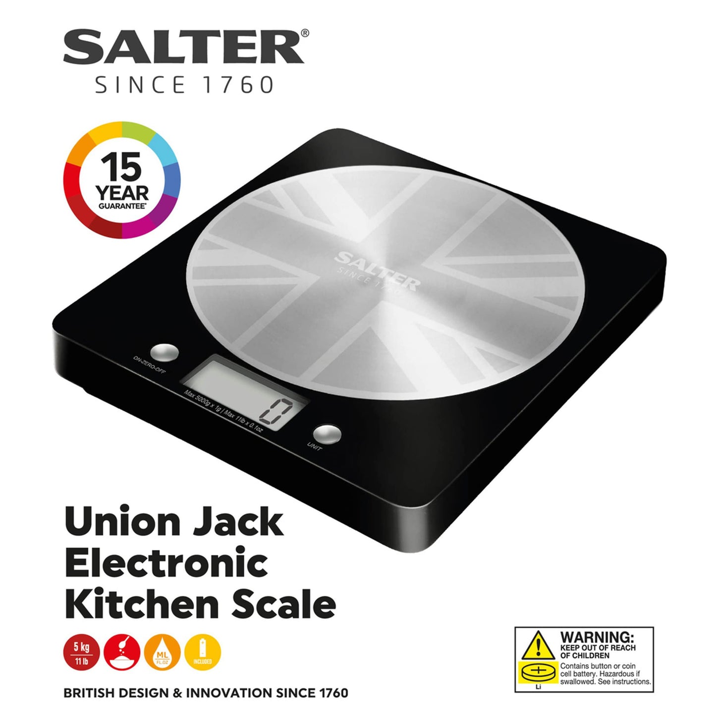 Salter 1036 UJBKDREU16 Disc Electronic Scale, Seen on TV, Stylish Slim Design, Measures Liquids/Fluids, 5 Kg Max Capacity, Union Jack Design & Pyrex Glass Measuring Jug, Transparent, 1 Litre Union Jack - 260th Anniversary Edition + Measuring Jug, 1 Litre