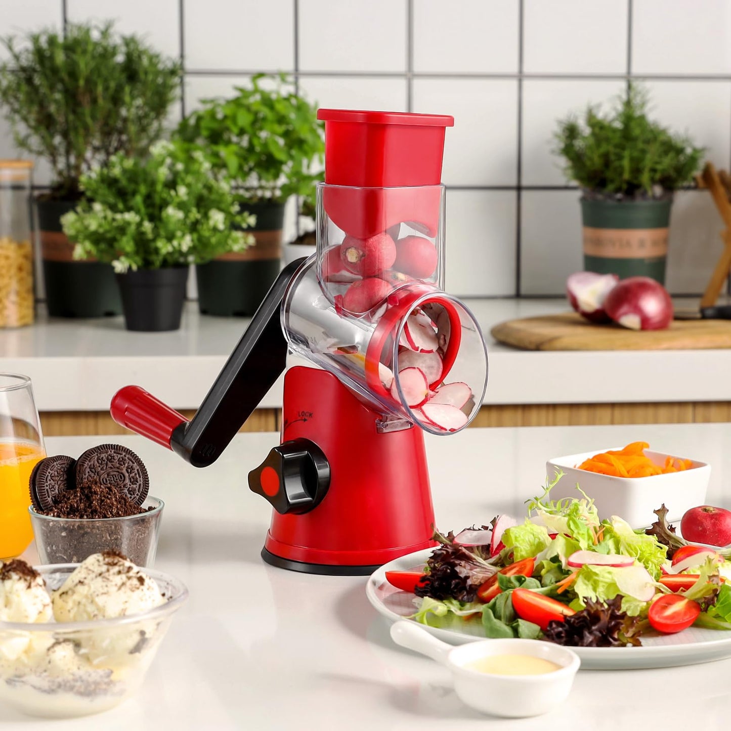 GDL Cheese Grater Rotary, Vegetable Slicer with 3 Interchangeable Drum Blades，Grater Kitchen Fast Cutting for Time Saving, Rotary Grater Suitable for Vegetable, Fruit, Nut, etc. Red