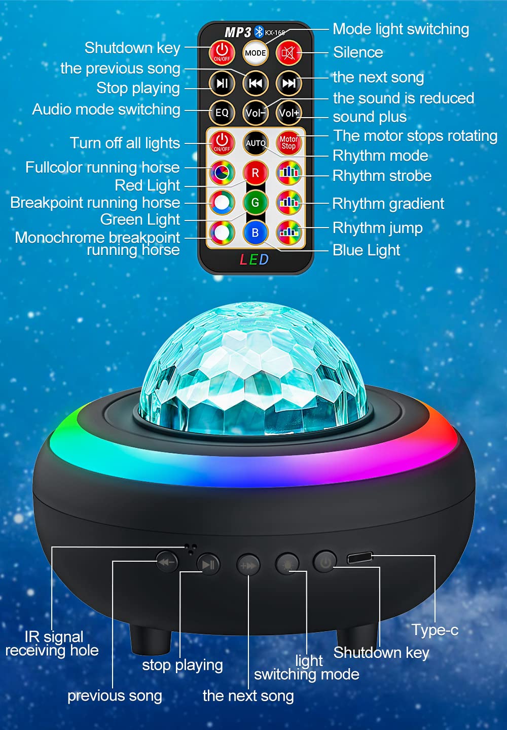 Galaxy Projector Night Light - LED Projector Music Bluetooth Speaker and Remote Control Ocean Wave Lights Lamps Ceiling Projector Light Music Night Light USB-2