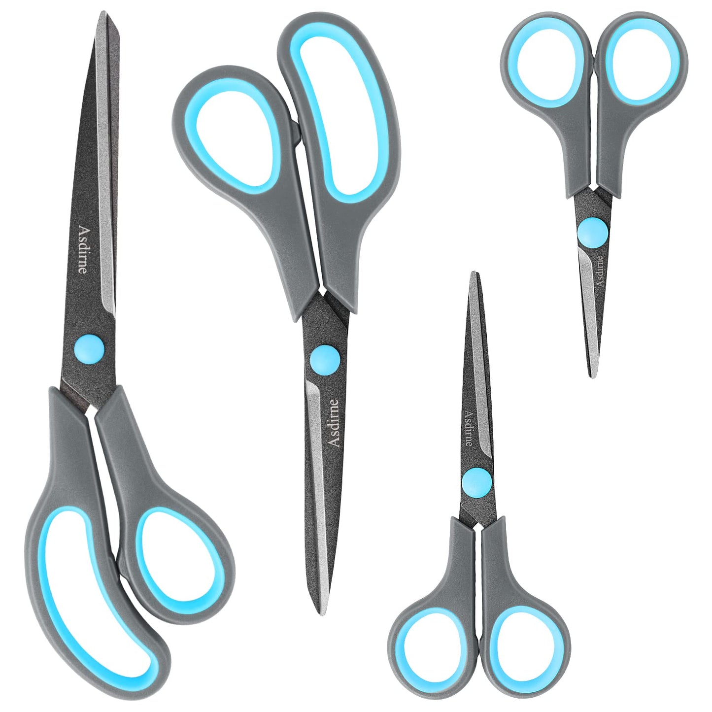 Asdirne Teflon Coating Scissors Set of 4, Non-Stick Scissors All Purpose, Premium Stainless Steel Razor Blades, Ergonomic Semi-Soft Rubber Grip, 10/''/8.5/''/6/''/5/'', Blue&Gray,(A4F) 4 Pack-teflon Coating