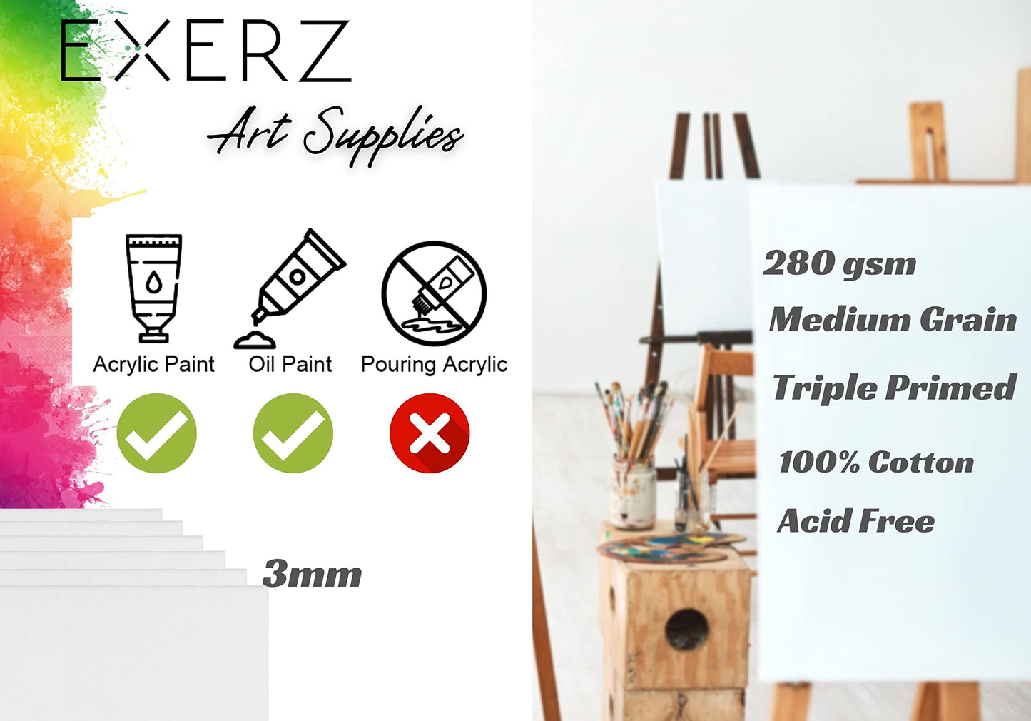 Exerz 40x50cm Canvas Panels 6pcs/ 3mm Artist Canvas Board Blank/ 280gsm 100% Cotton/Triple Primed/Acid Free/Medium Grain - Oil & Acrylic Painting for Artists at All Levels 40x50cm-6PK