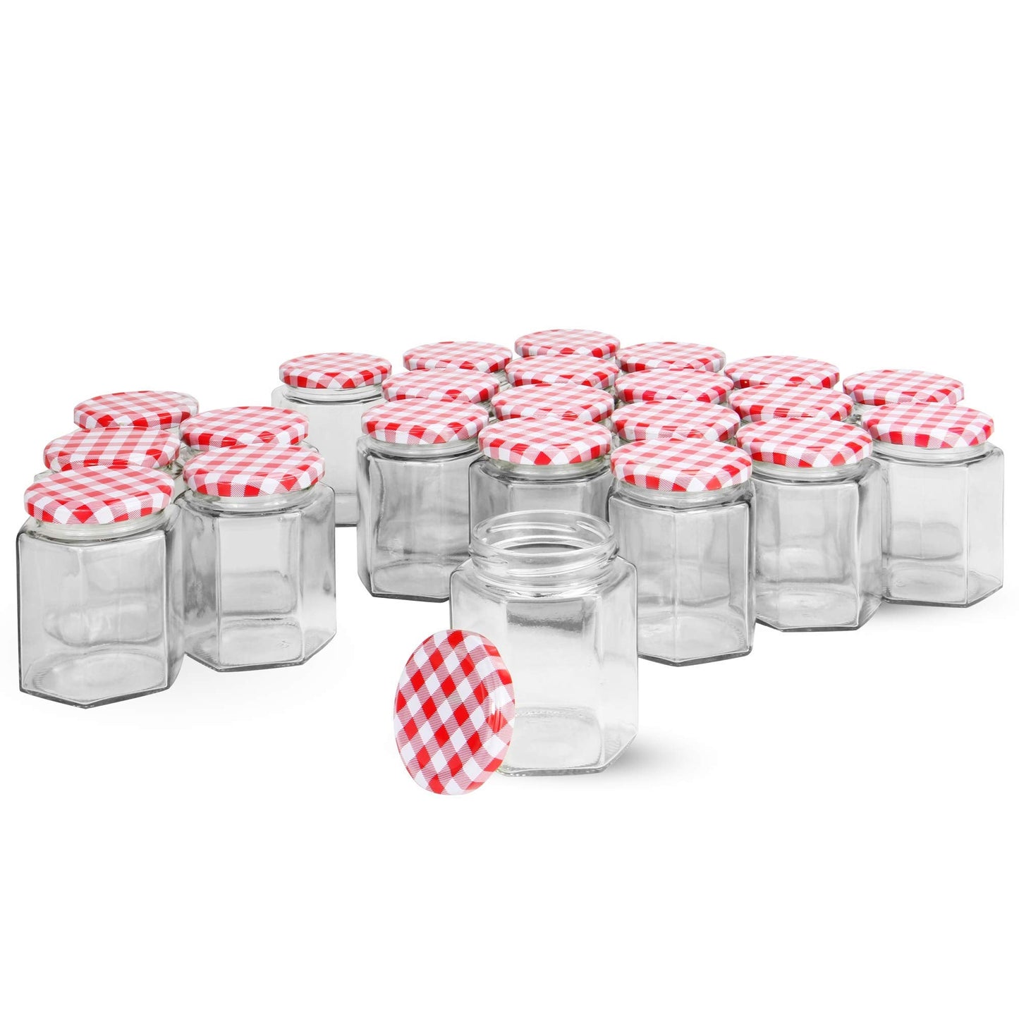 Hexagonal Mouth Glass Jam Jars - Set of 24 | 250ml Capacity | Glass Preserve Pots | Screw Top | Gingham Lids | Airtight Pickle & Sauce Jars | M&W