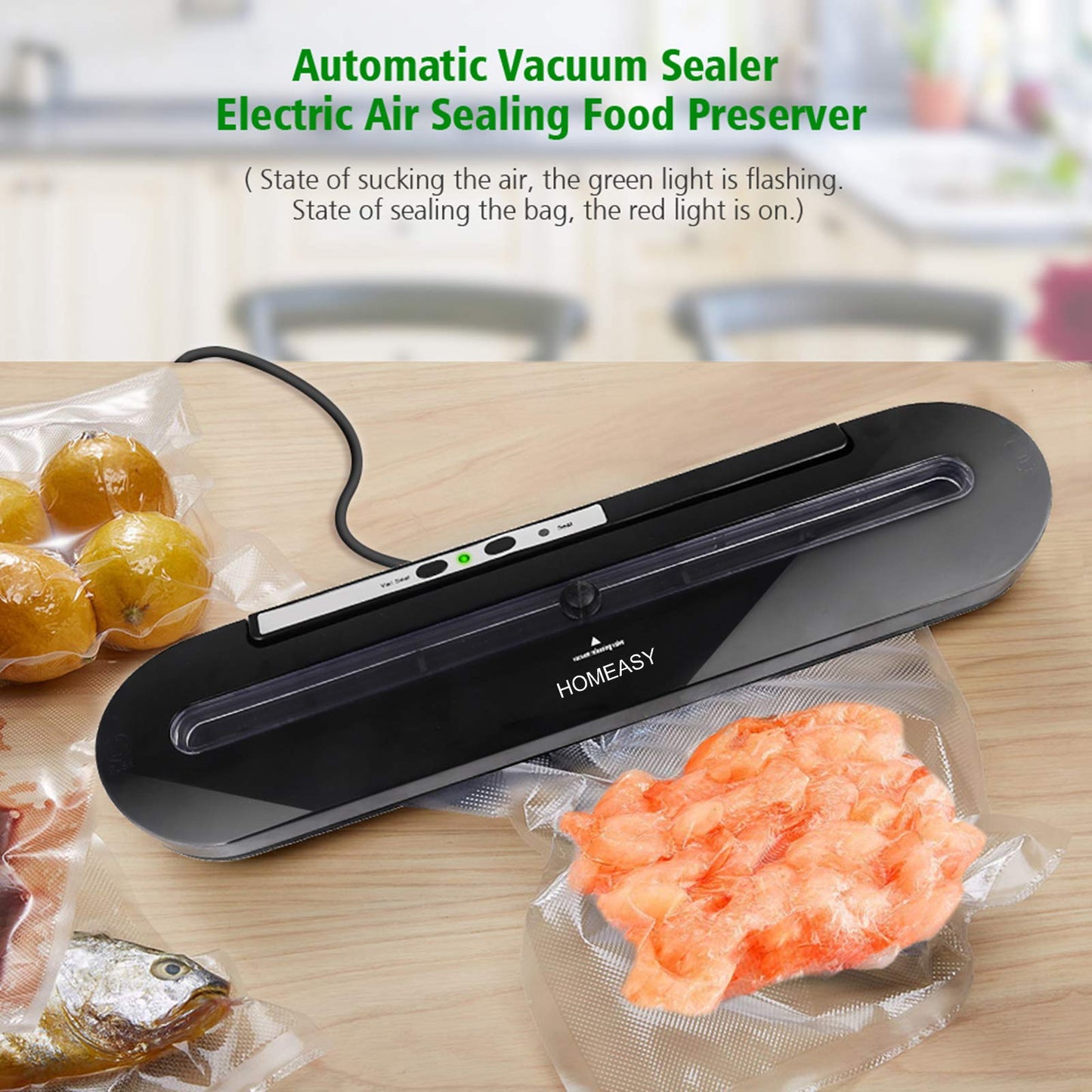 Vacuum Sealer, Homeasy Food Vacuum Sealer Machine One-Touch Sealing for Dry Food Vacuum Sealing Machine with 10Pcs BPA-Free Seal Bags (Black) Black