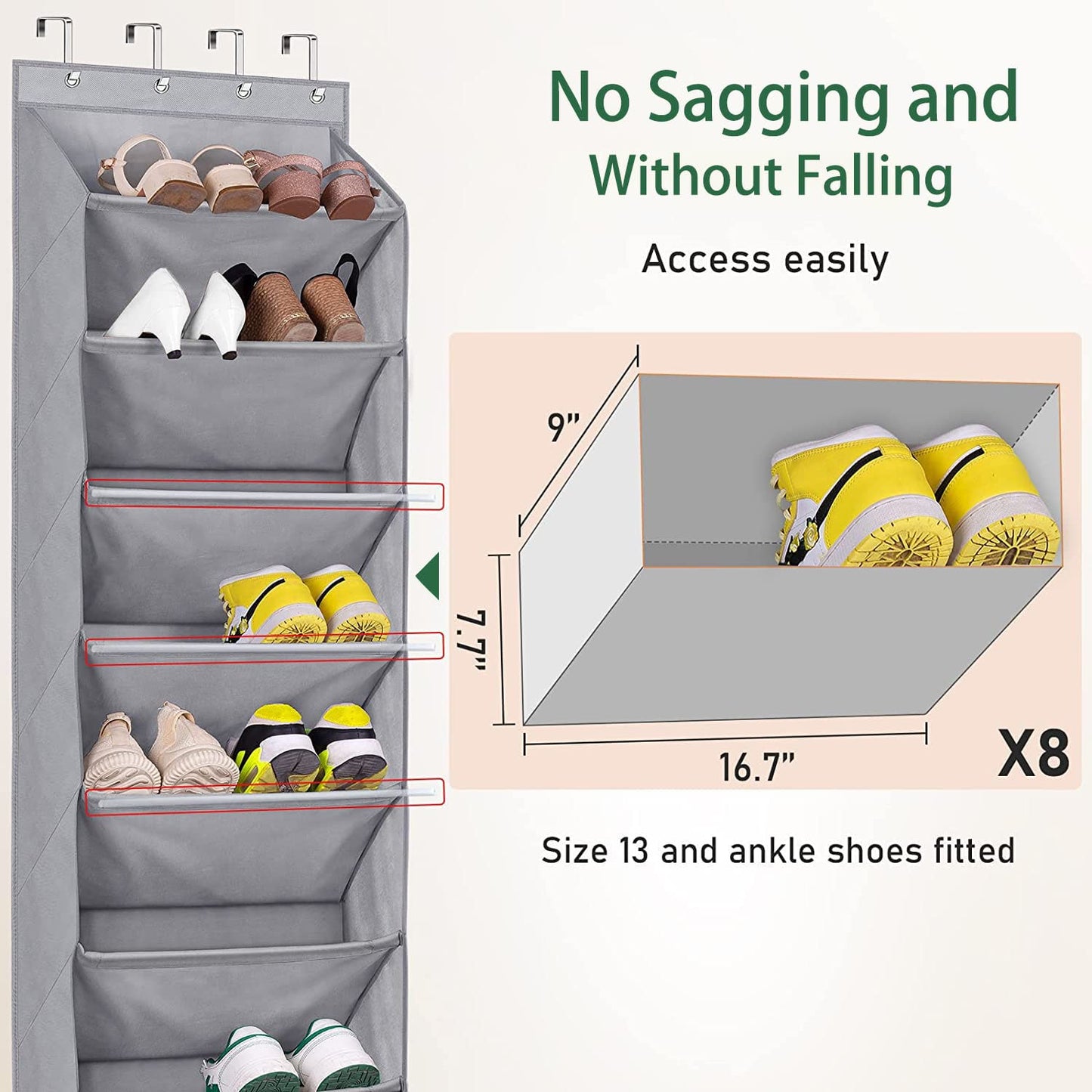 MISSLO 8 Shelves Hanging Shoe Rack, Over Door Shoe Storage with Deep Pockets Organizer fits 20 Pairs, Closet Shoe Holder Organiser for Narrow Door, Grey 8 Shelf