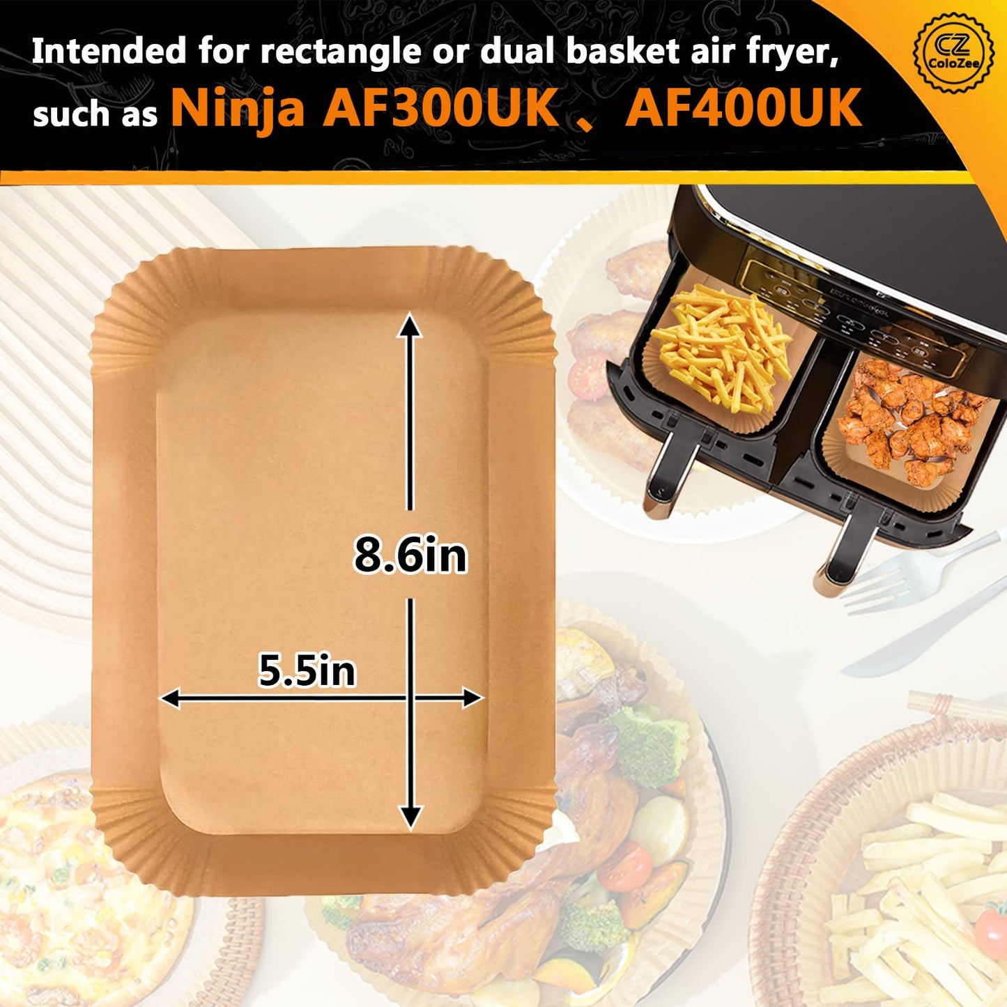 Air Fryer Liners Rectangle 8.6 * 5.5in Air Fryer Disposable Paper Liners for Ninja Dual Air Fryer, Parchment Paper Liners Oil-Proof, Water-Proof, Fit Ninja AF300UK, AF400UK, 100Pcs 100 Rectangle-8.6*5.5in