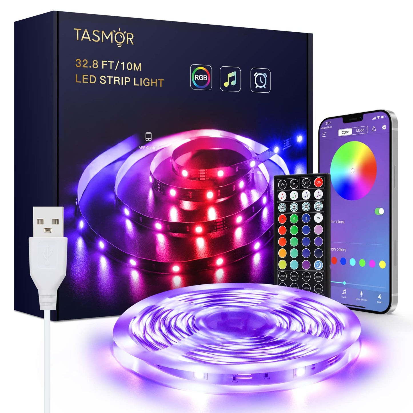 TASMOR USB LED Strip Light 10m, RGB Colour Changing Light Strips with Remote, Music Sync, App Control, LED Lights for Bedroom Home Party Kitchen DIY Decoration