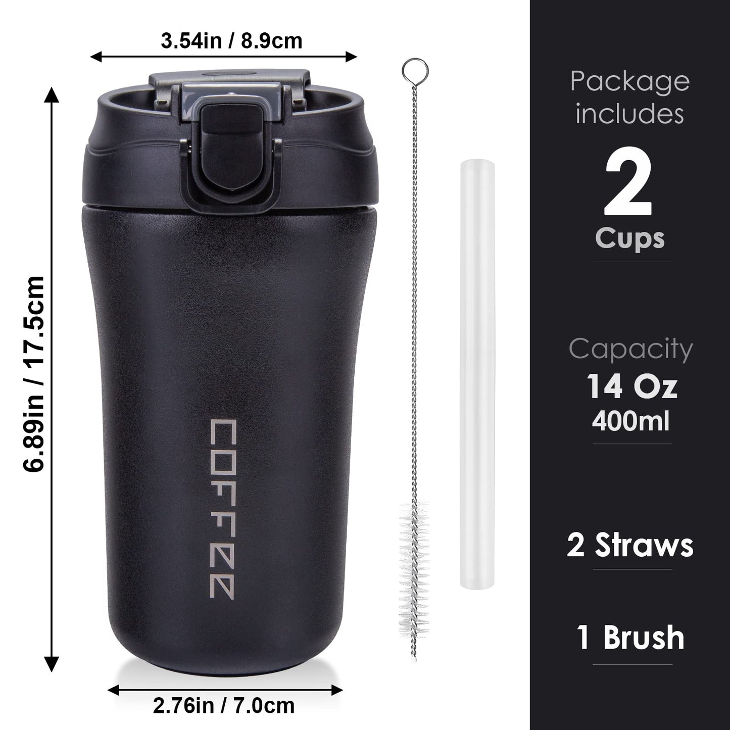 Coffee Cup, Travel Coffee Mug 400ml x 2 Pack, Vacuum Insulated Stainless Cups with Lids and Straws, Reusable Leakproof Bottle for Hot Cold Drinks, Car Thermos Gift for Men and Women, Black White Blackwhite