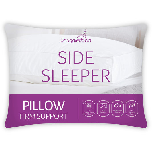 Snuggledown Side Sleeper Pillow 1 Pack - Firm Support Side Sleeper Pillow for Neck and Shoulder Pain Relief - 100% Soft Cotton Cover, Hypoallergenic, (38cm x 64cm), White,Packaging may vary