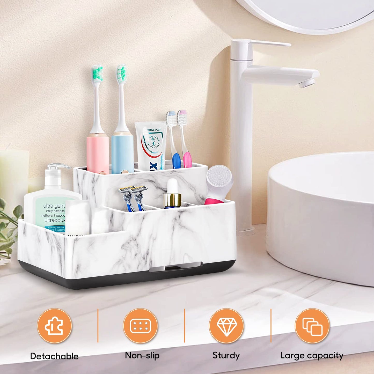 Toothbrush Holder,Bathroom Organizer Countertop, 5 Compartments Multifunctional Storage for Cosmetic, Makeup, Office Stationery Pencil,Toothpaste, Toothbrush for Home, Office White Marble